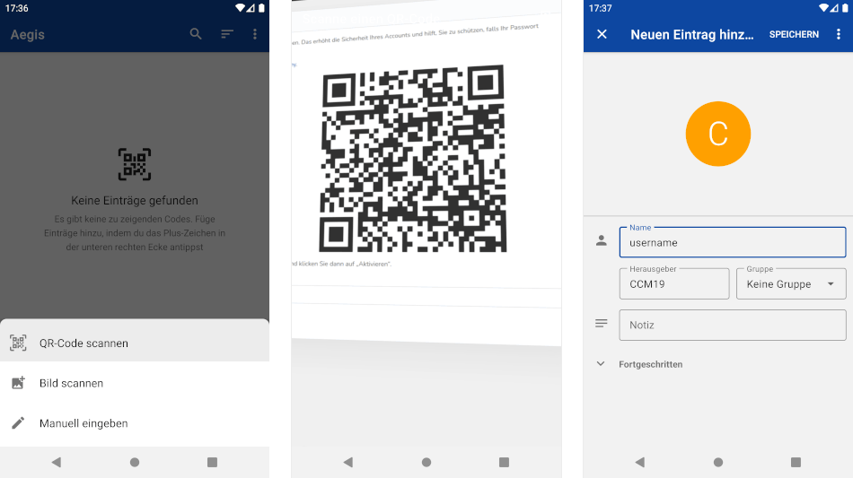 Ablauf in der App 'Aegis Authenticator'